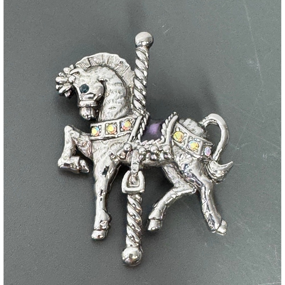Danecraft Vintage Carousel Horse Brooch Silver Tone AB Rhinestone‎ Carnival Pin